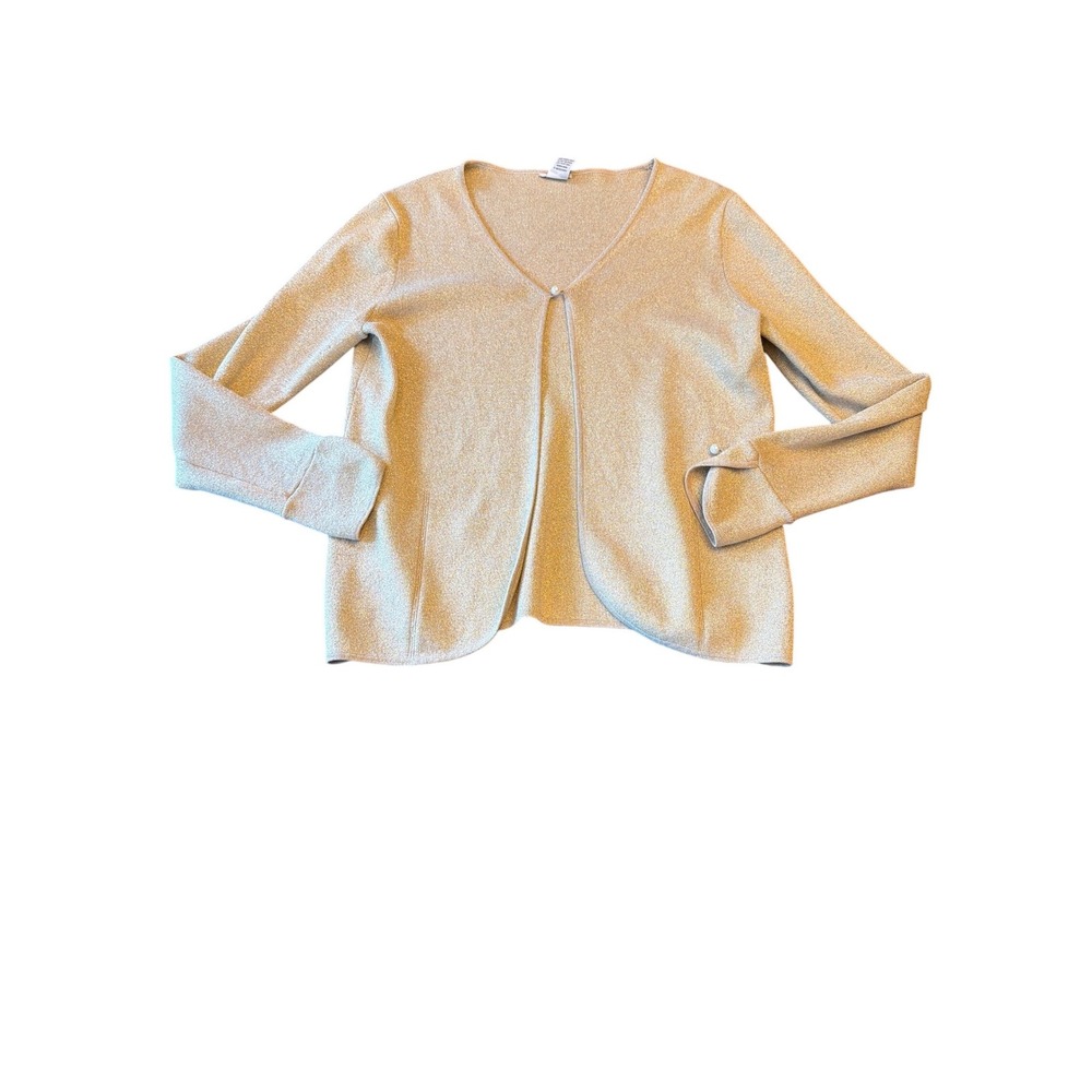 Evelyn‎ Cardigan Gold Silk Blend Metallic Pearl Button V-Neck Shimmer Sweater